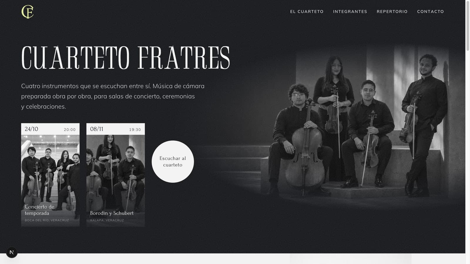 Página de inicio del sitio del Cuarteto Fratres: titular sobre fondo oscuro, retrato del cuarteto y próximas fechas de concierto